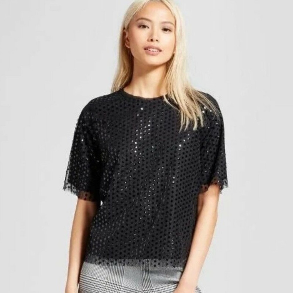 NWT Who What Wear Sequin Short Sleeve Sheer Top | Black | Women’s Size XS